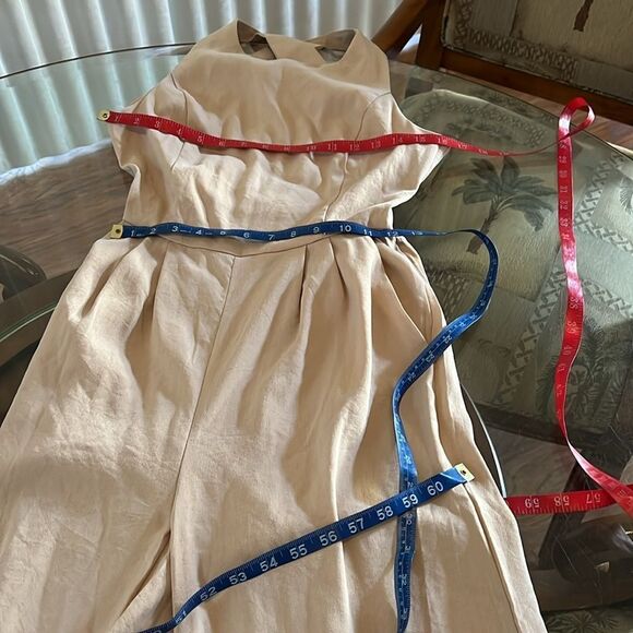 Nasty Gal Khaki Beige Pants Romper Scoop Neck Sleeveless Wide Leg Cut Out Back - Picture 17 of 17